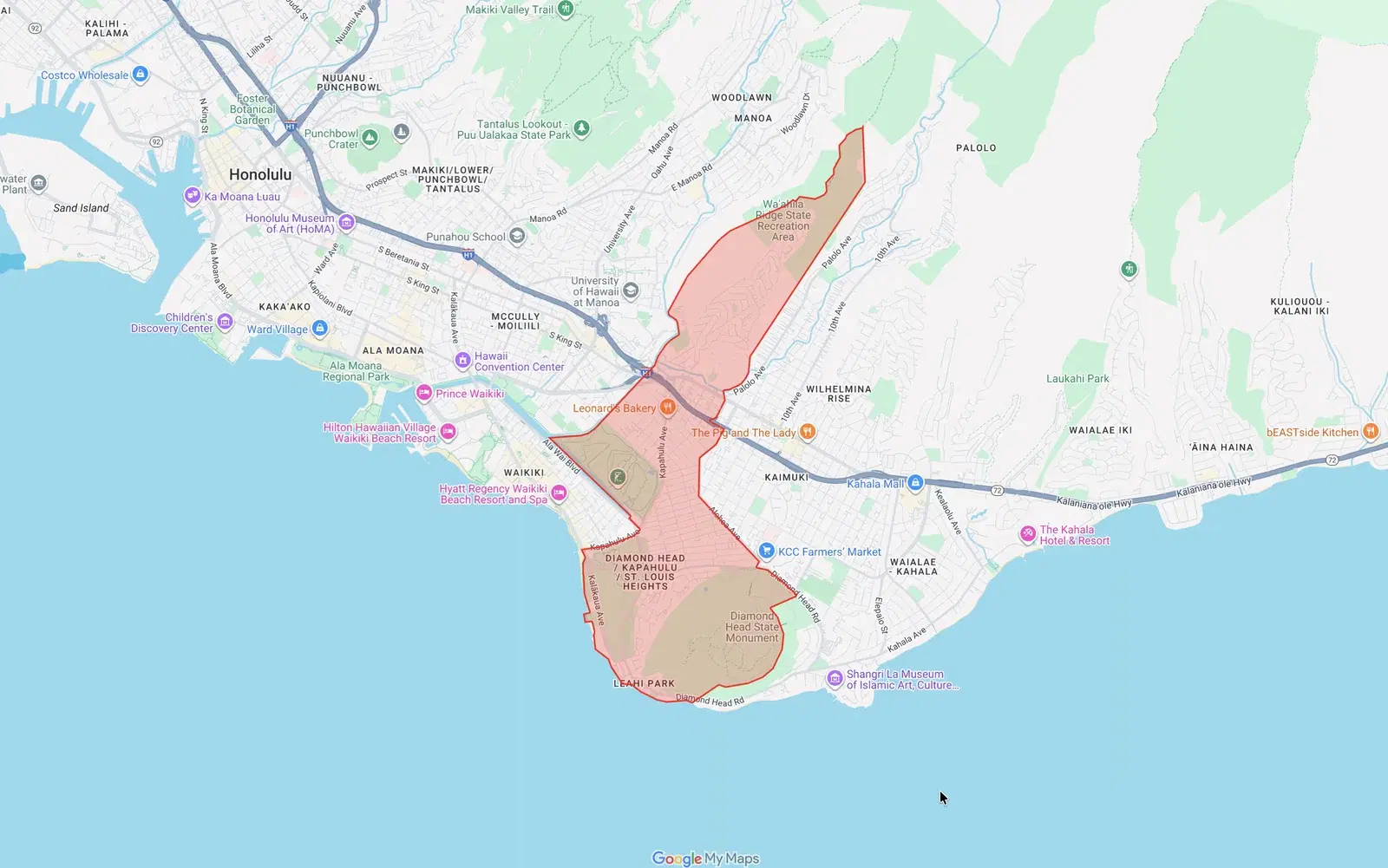 Diamond Head-Kapahulu-St. Louis Neighborhood Board boundary map